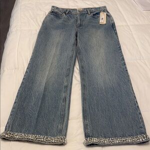 Alice + Olivia Blue Wide Leg Jeans with Embellished Hem